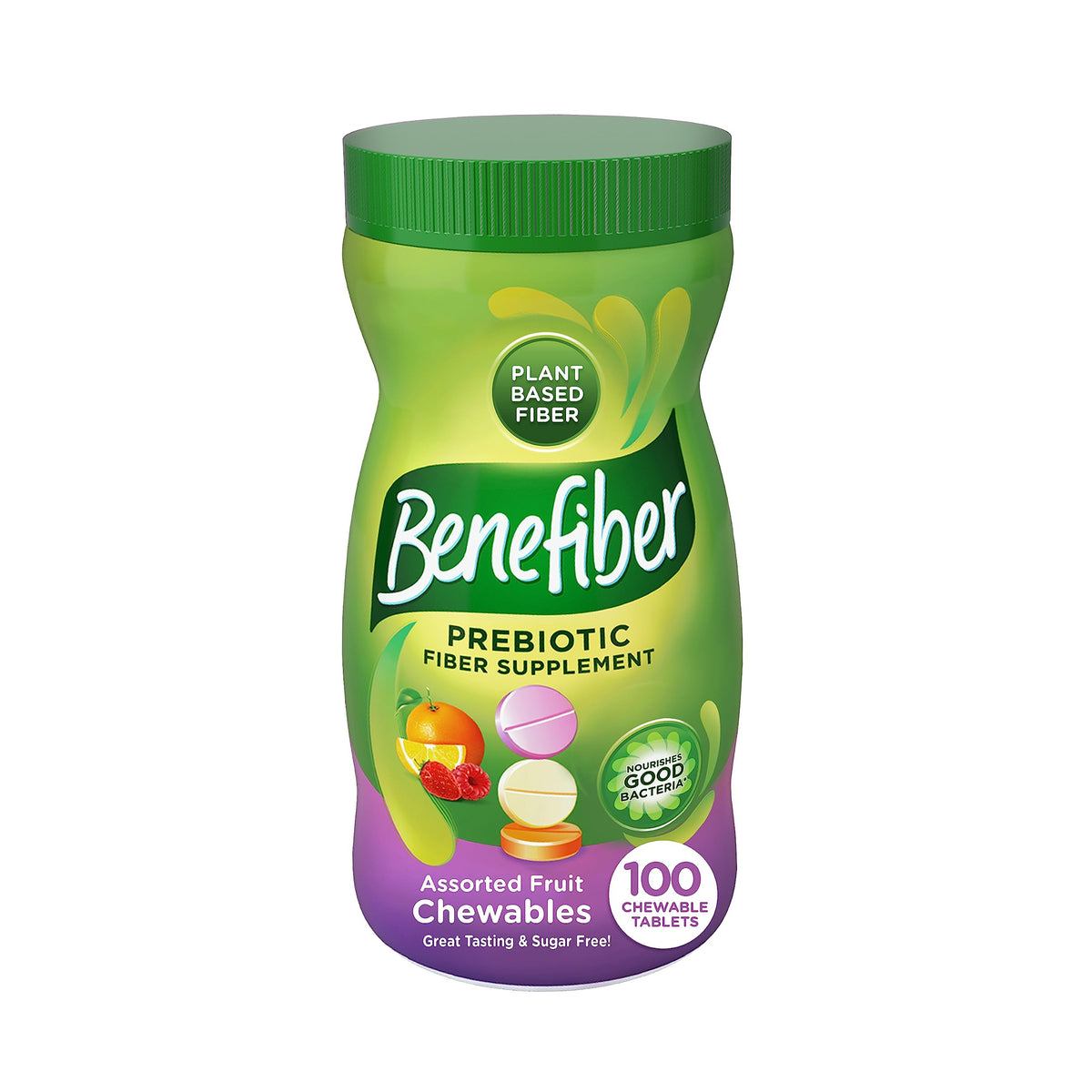 Benefiber chewable prebiotic fiber tablets bottle on counter supporting daily fiber intake