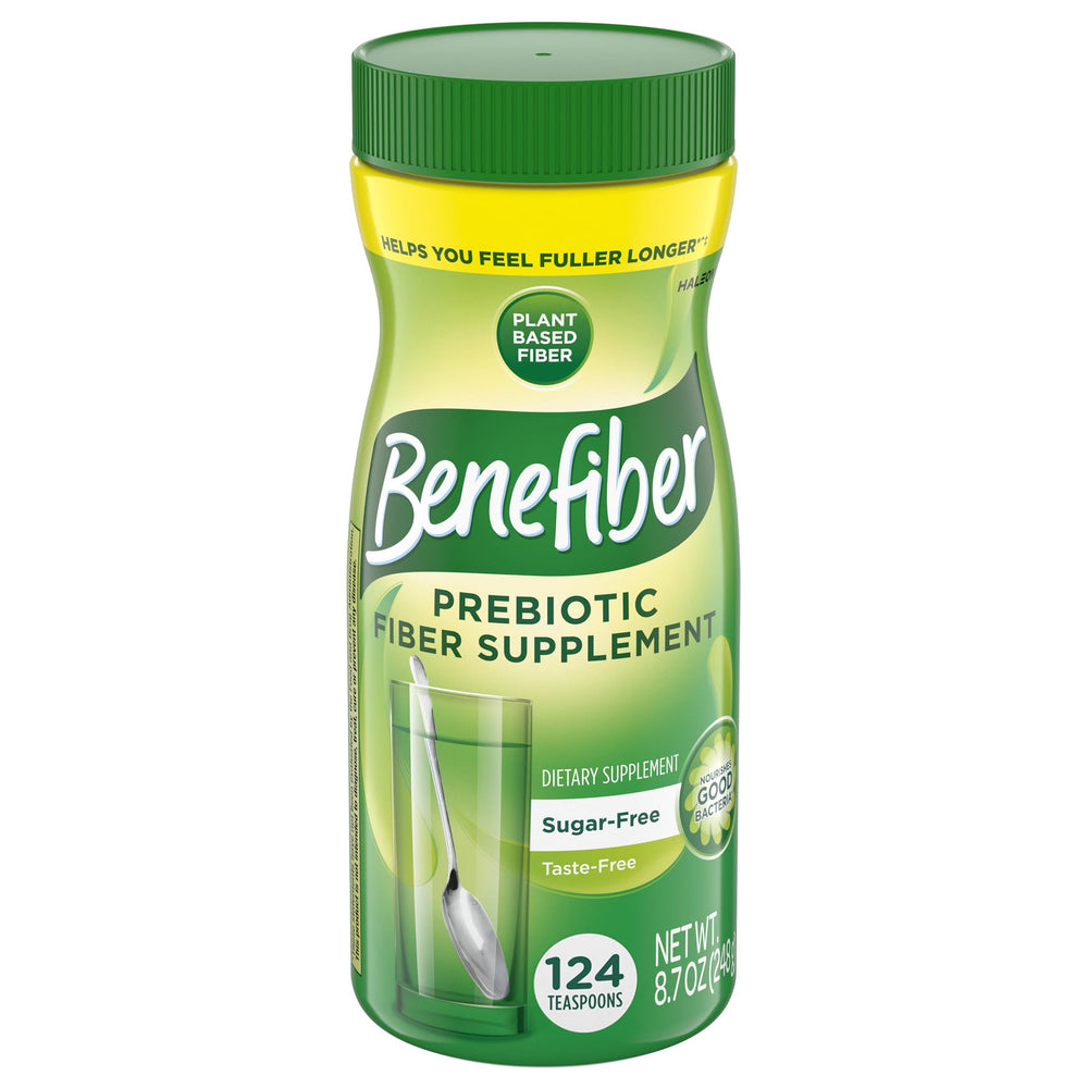 Benefiber daily prebiotic powder bottle on counter for easy use.