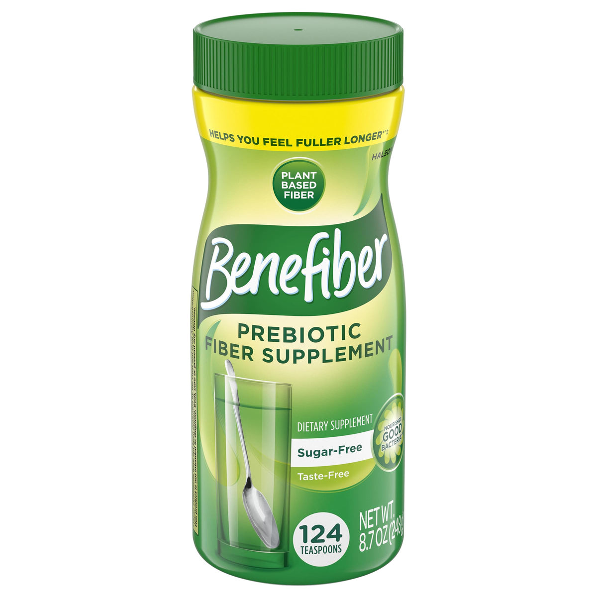 Benefiber daily prebiotic powder bottle on counter for easy use.