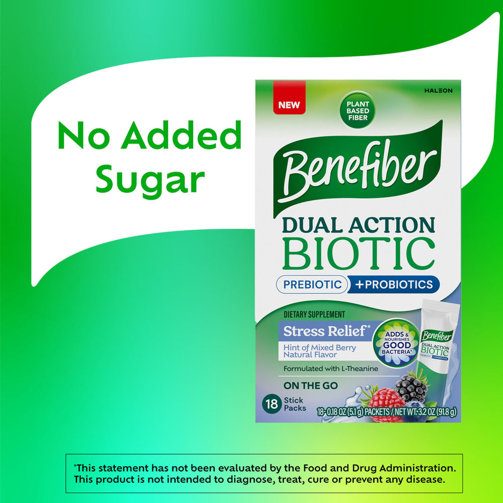 Benefiber Dual Action Biotic Plus Stress Relief ingredients label close-up.