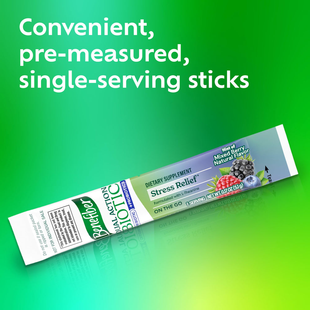 Benefiber Dual Action Biotic Plus Stress Relief probiotic blend supports gut-friendly routines.