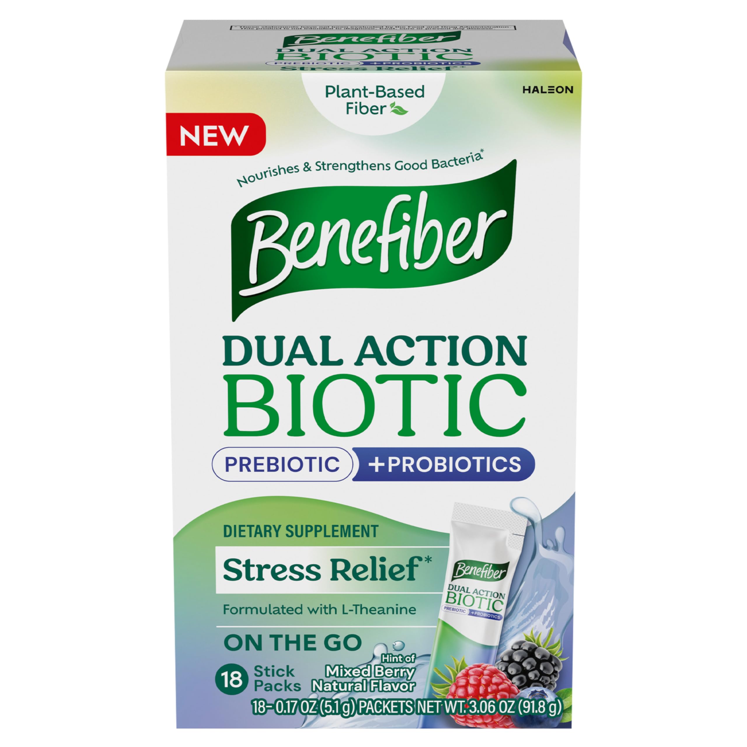 Benefiber Dual Action Biotic Plus Stress Relief stick packs with mixed-berry flavor for on-the-go support.