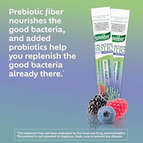 Benefiber Dual Action Biotic Plus Stress Relief stick pack on kitchen counter.