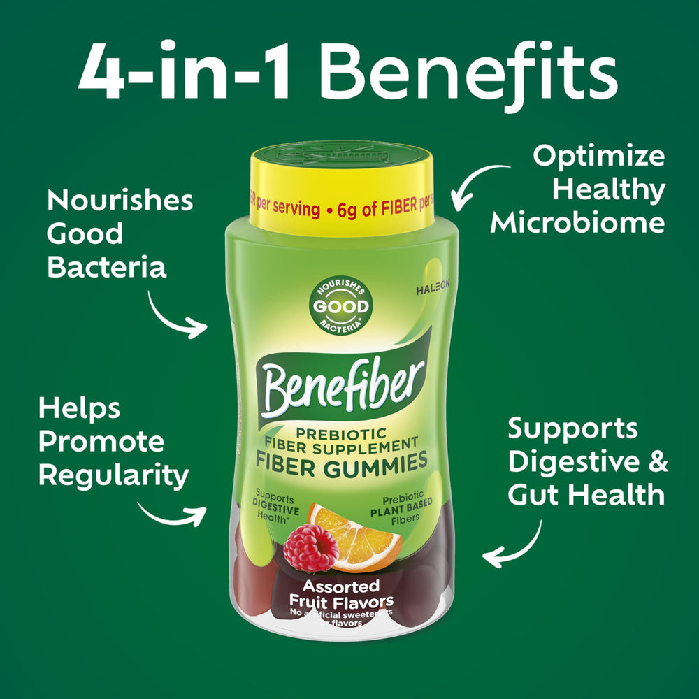 Benefiber gummies bottle open with gummies spilled for on the go