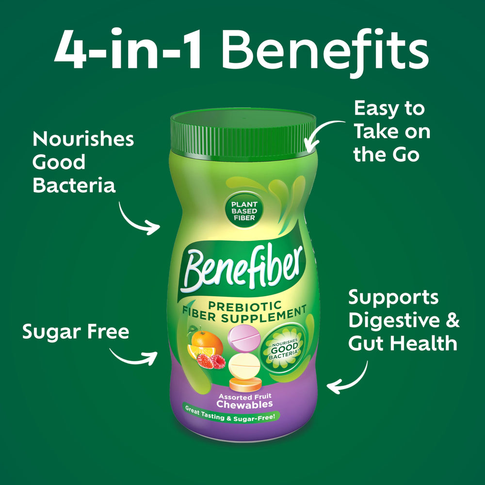 Benefiber orange flavor chewable tablets highlighting fruity taste and convenient daily use
