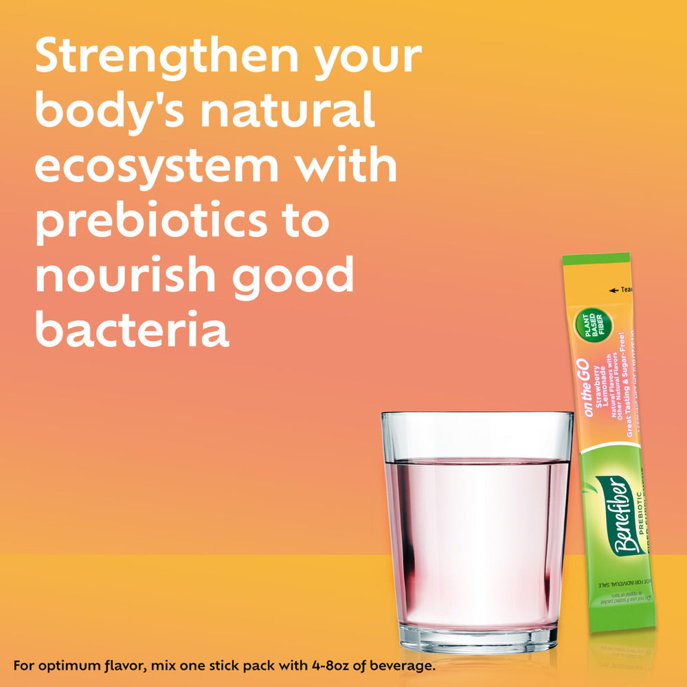 Benefiber plant-based fiber powder ready to mix into beverages for daily support.