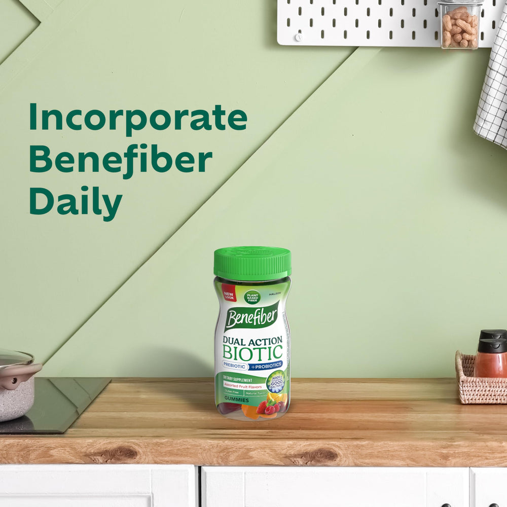 Benefiber prebiotic fiber gummies closeup shows chewy texture for pleasant snacking.