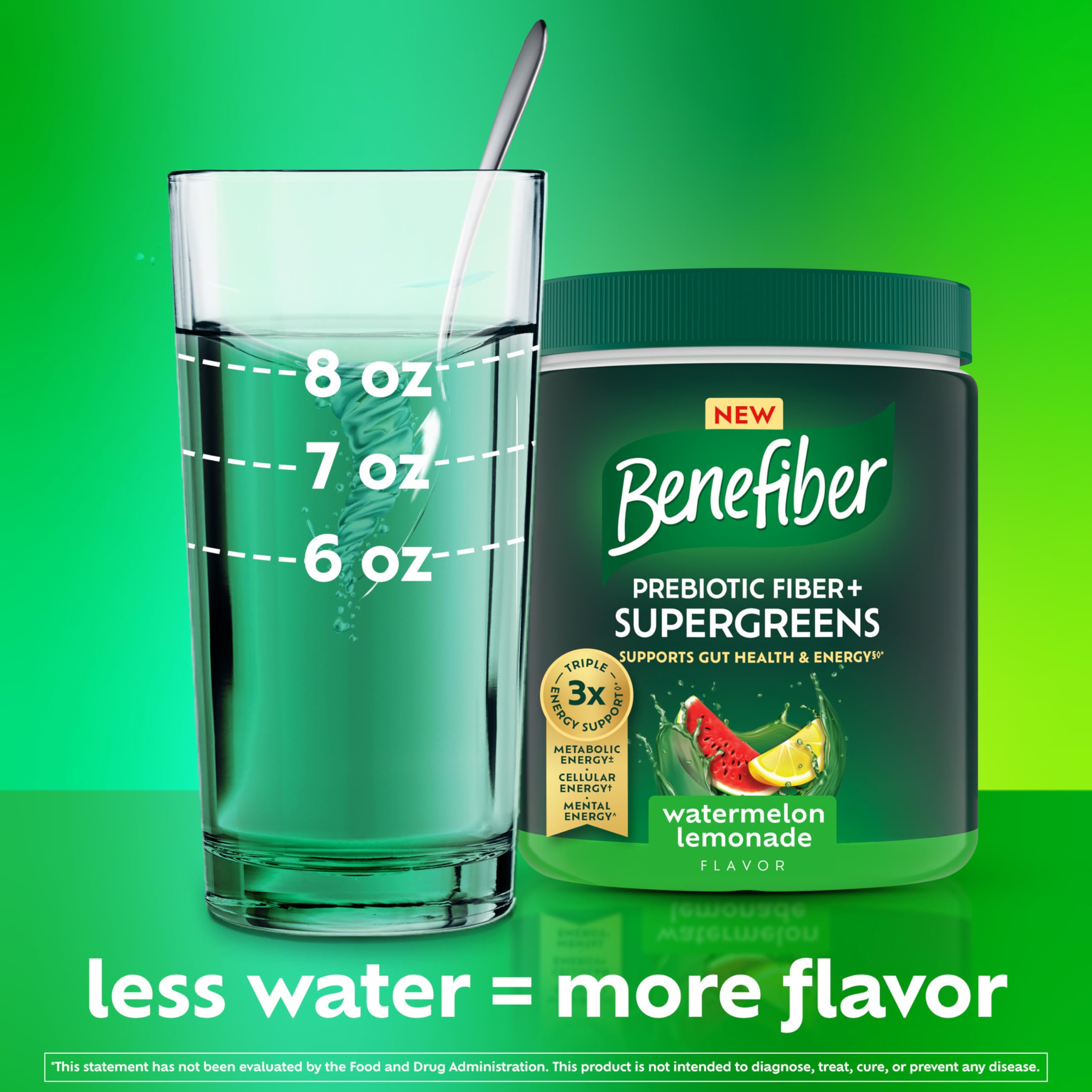 Benefiber scoop beside tub showing serving size for fiber intake