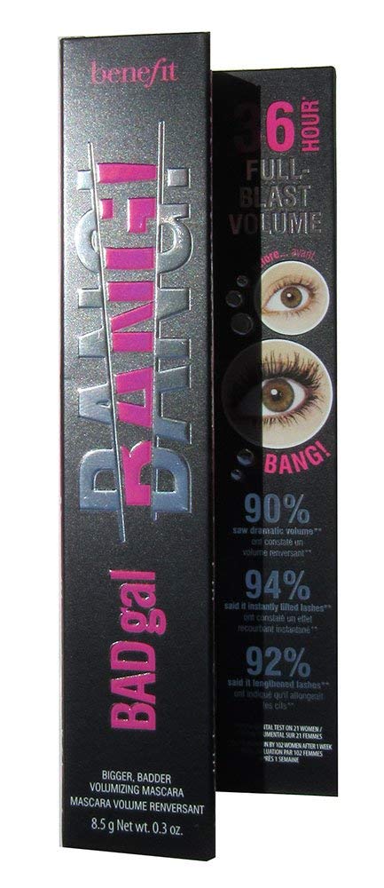 Benefit Bad Gal Bang mascara brush demonstrates lightweight, buildable volume for dramatic lashes.