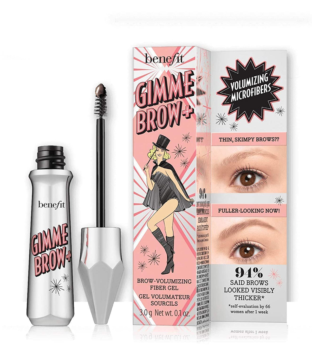 Benefit Gimme Brow Volumizing Fiber Gel #3 bottle and brush for natural tint