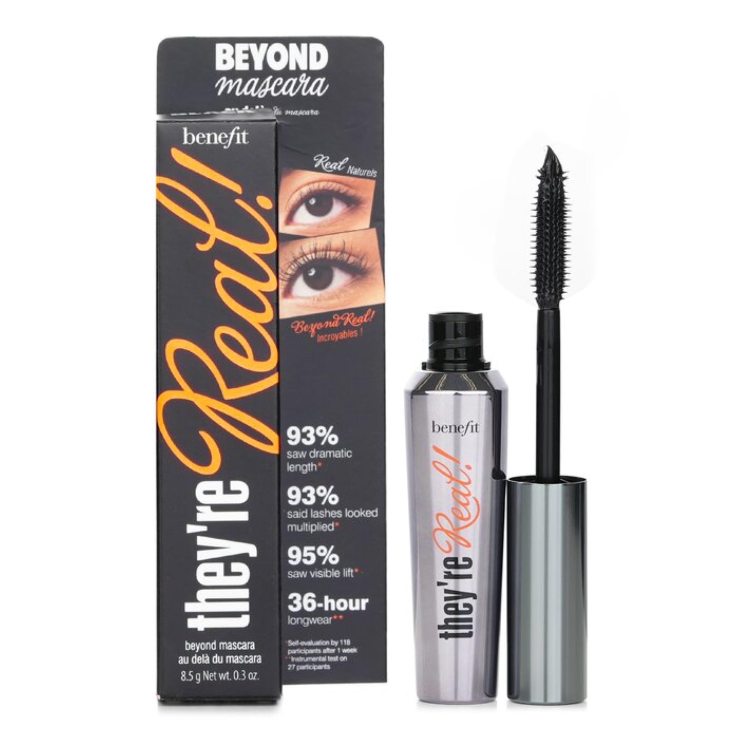 Lashes shown with Benefit They're Real Mascara close-up effect