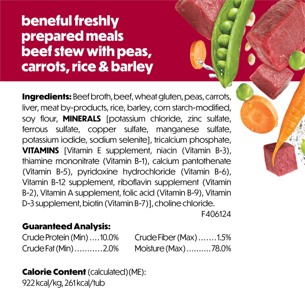 Stacked Beneful beef stew tubs from the eight-pack set