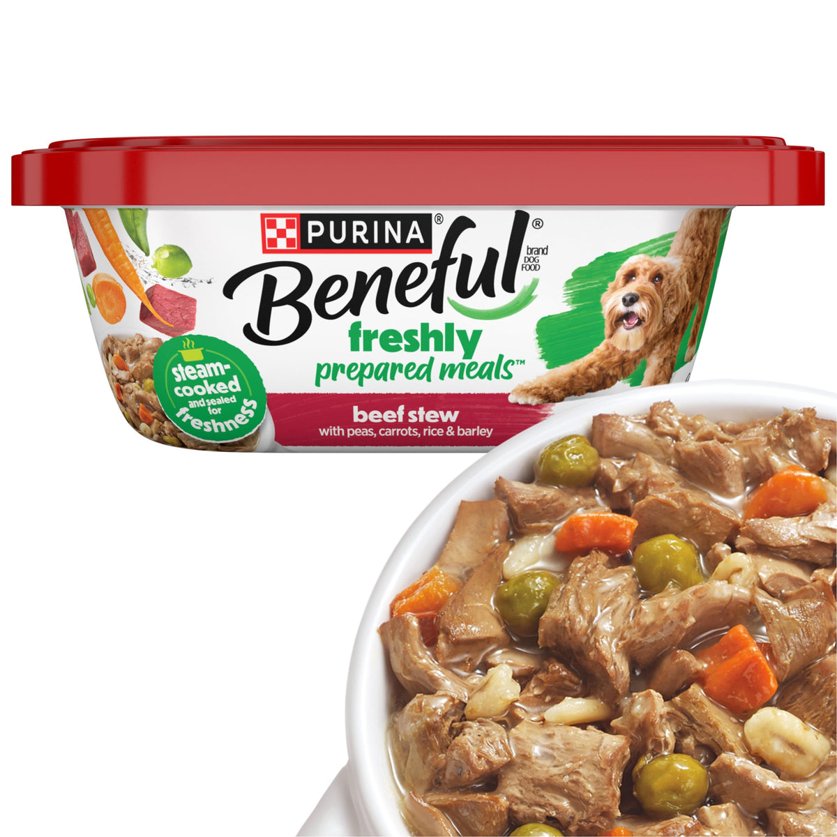 Beneful Freshly Prepared Beef Stew tub front view with visible chunks and veggies