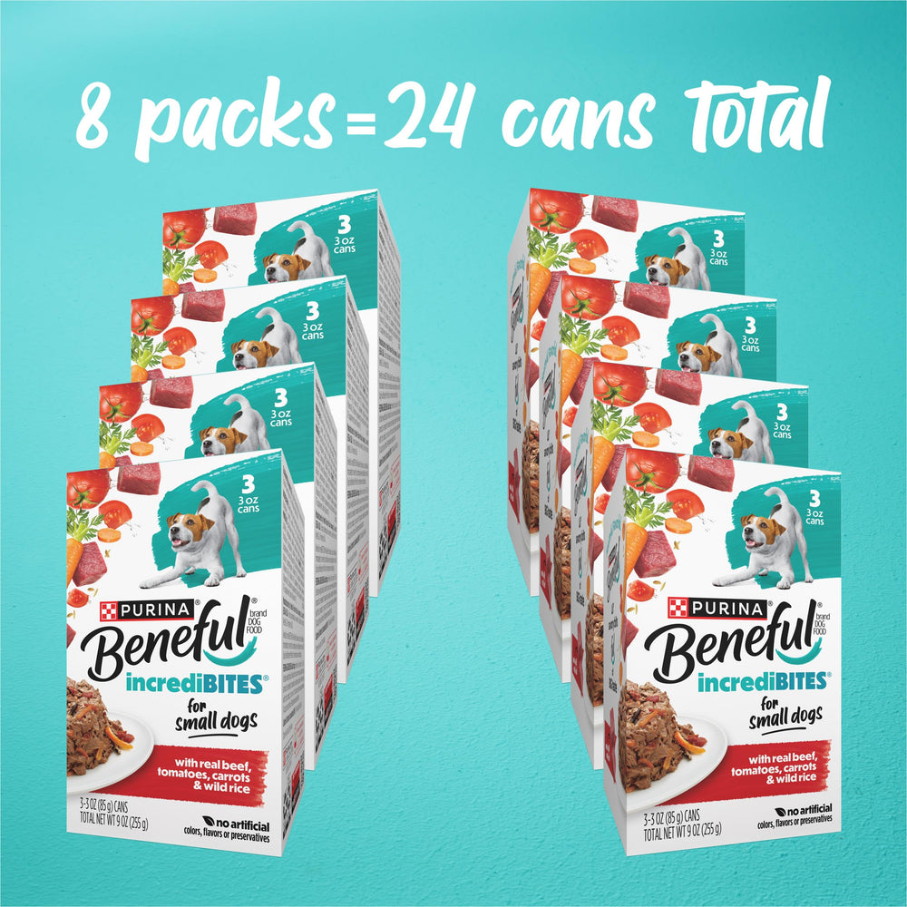 Beneful IncrediBites real beef with visible vegetables and wild rice in can.