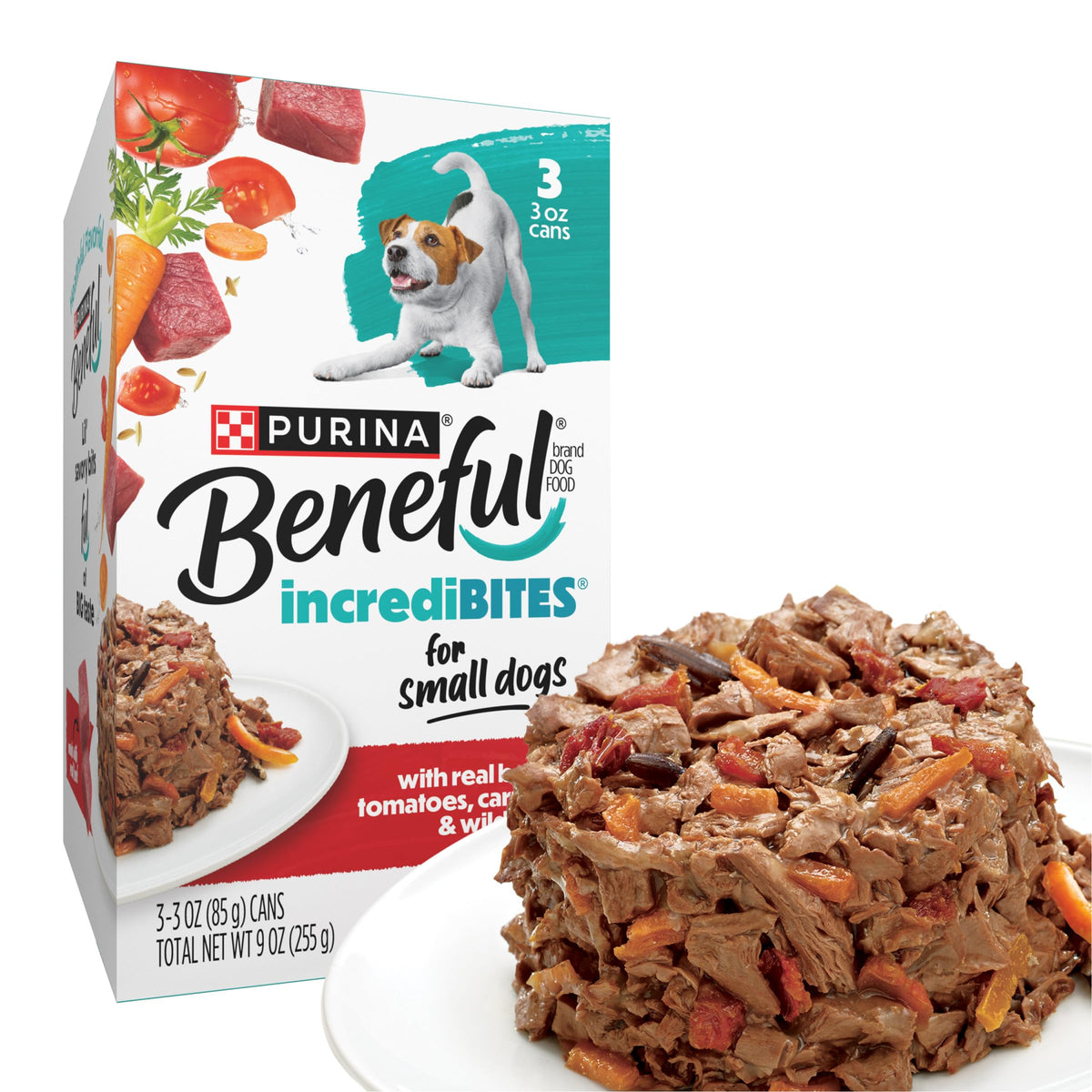 Beneful IncrediBites small-breed beef bites in gravy for tasty, protein-rich meals.