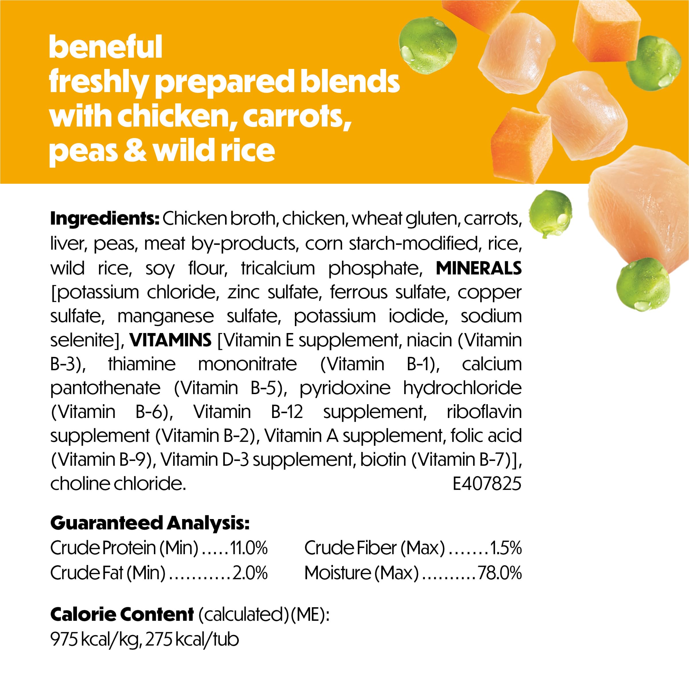 Beneful real ingredients closeup shows chicken, carrots, and peas you can see.