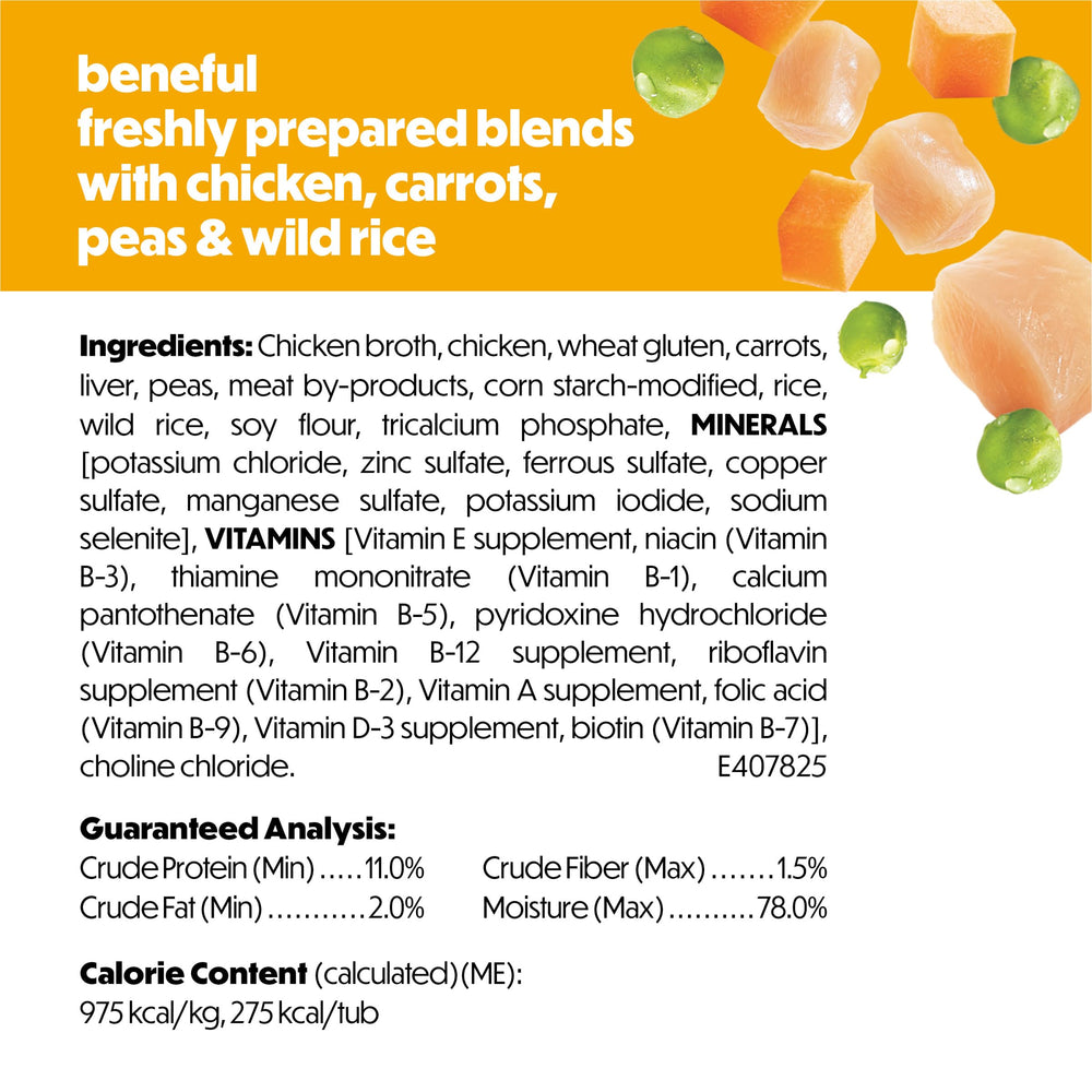Beneful real ingredients closeup shows chicken, carrots, and peas you can see.