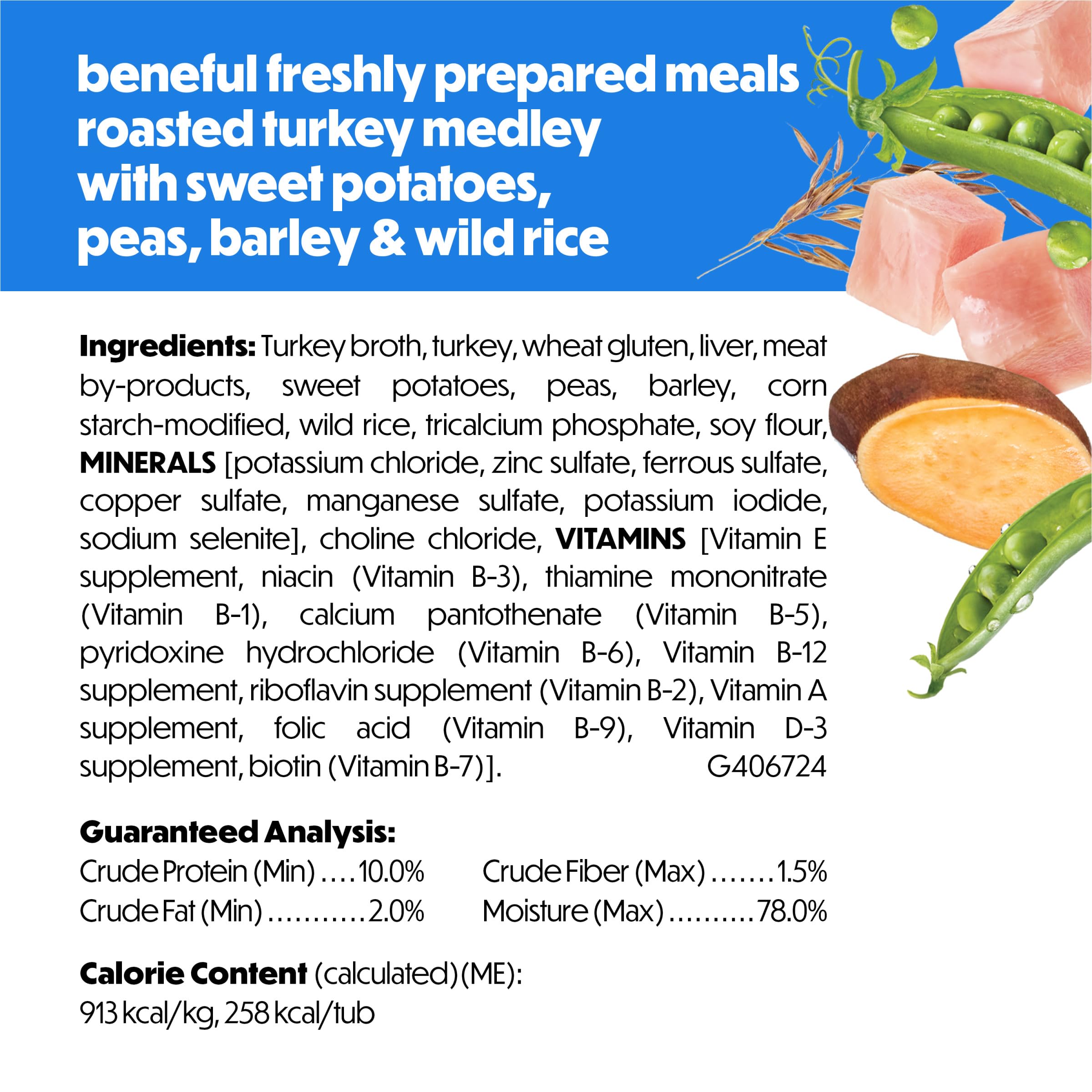 Beneful Roasted Turkey Medley nutrition label highlights vitamins and minerals.