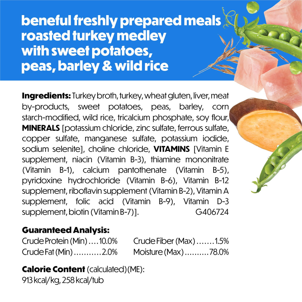 Beneful Roasted Turkey Medley nutrition label highlights vitamins and minerals.
