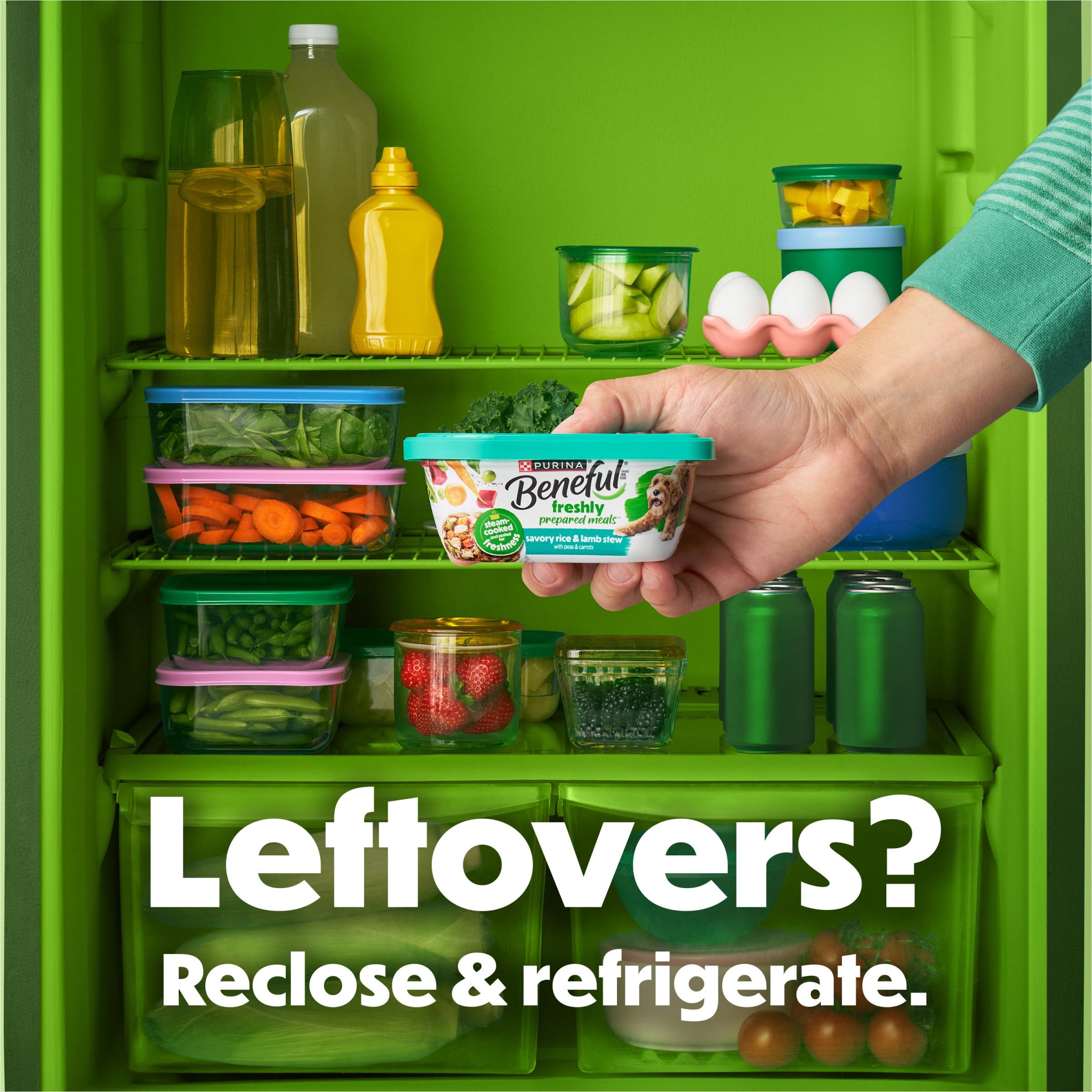 Beneful tub open image highlights resealability for freshness and convenient storage.