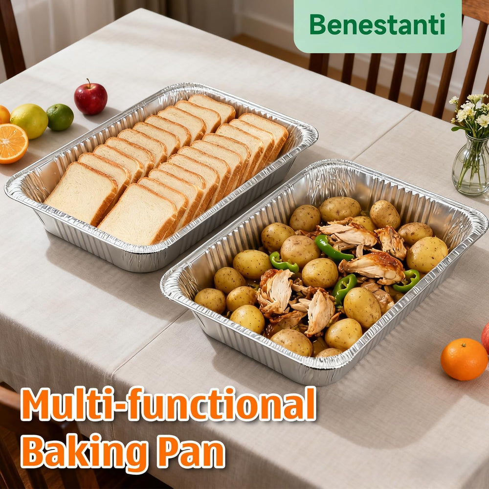 Benestanti disposable foil pans with lids for easy transport and serving.