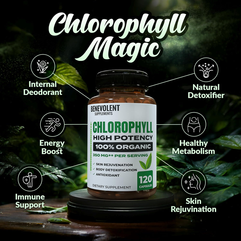 Close-up of Benevolent Nourishment chlorophyll bottle label showing purity and quality