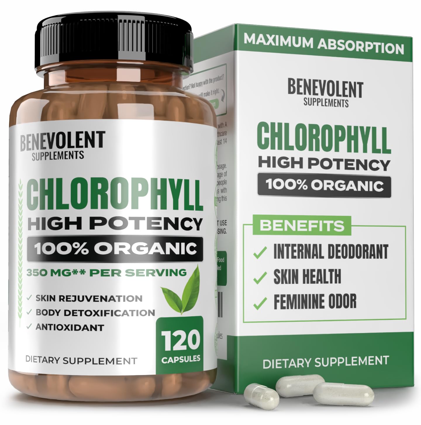 Benevolent Nourishment chlorophyll capsules bottle front view for daily energy support