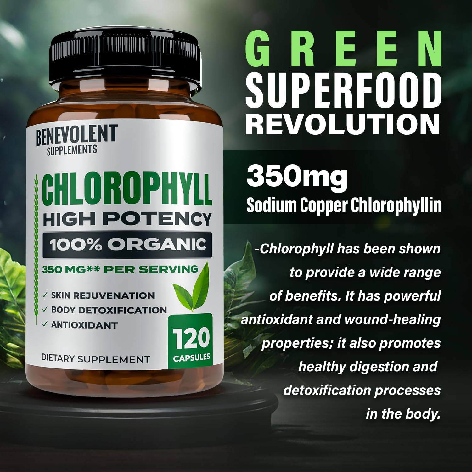 Ingredients icons for Benevolent Nourishment chlorophyll capsules including non-GMO and antioxidants