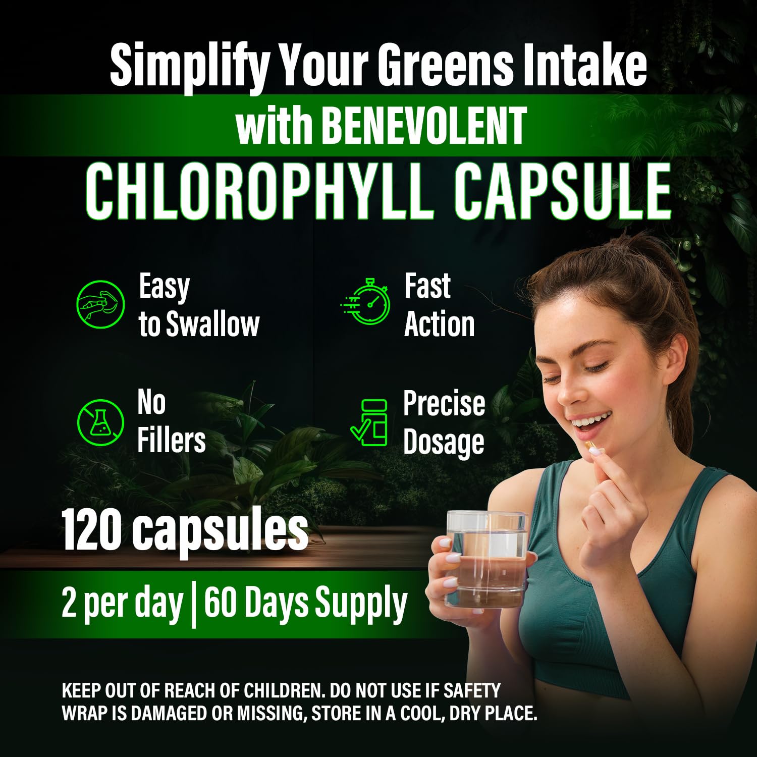 Packaging box of Benevolent Nourishment chlorophyll capsules highlighting non-GMO formula