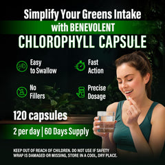 Packaging box of Benevolent Nourishment chlorophyll capsules highlighting non-GMO formula