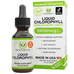 Benevolent Nourishment chlorophyll drops bottle on white, highlighting mint flavor and refreshing daily routine.