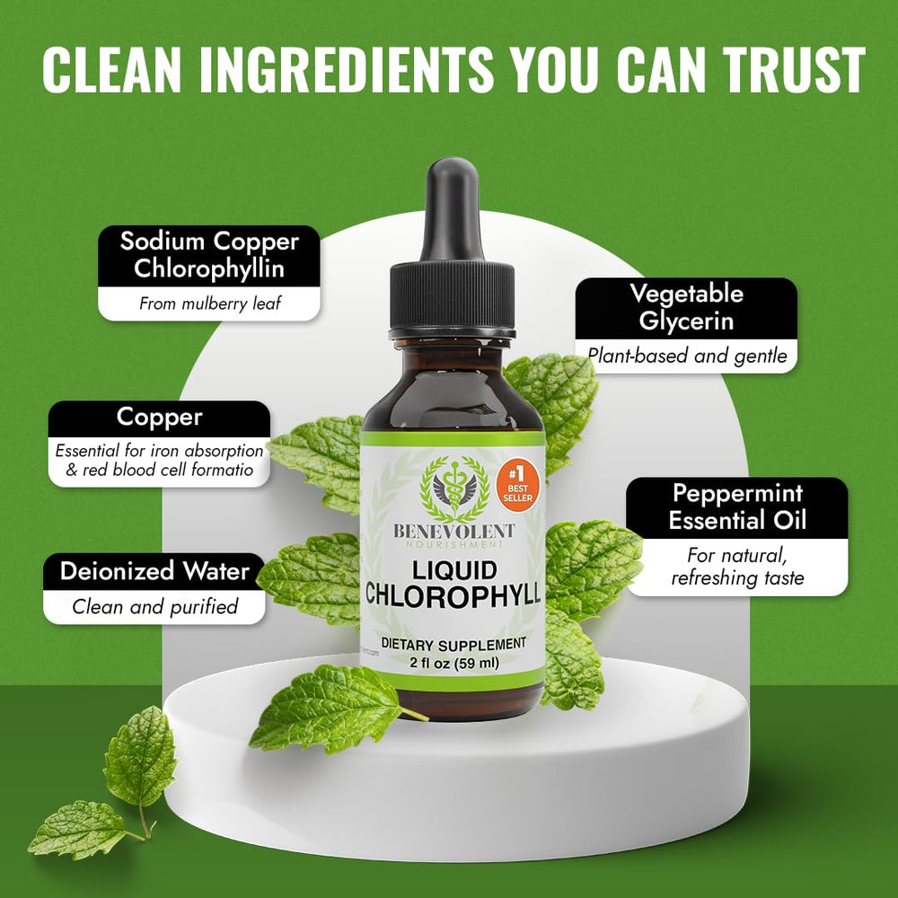 Benevolent Nourishment chlorophyll drops promoting clearer skin concept.