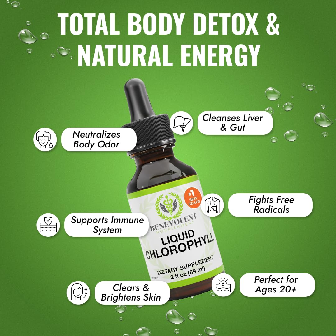 Benevolent Nourishment chlorophyll drops ingredients highlight chlorophyllin for skin support.