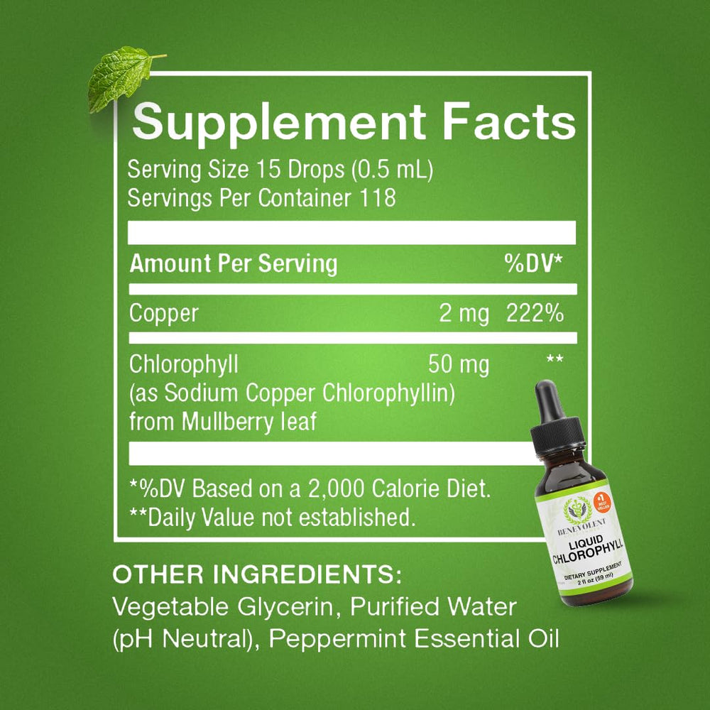 Benevolent Nourishment mint-taste drops with glass, illustrating refreshing mouthfeel.