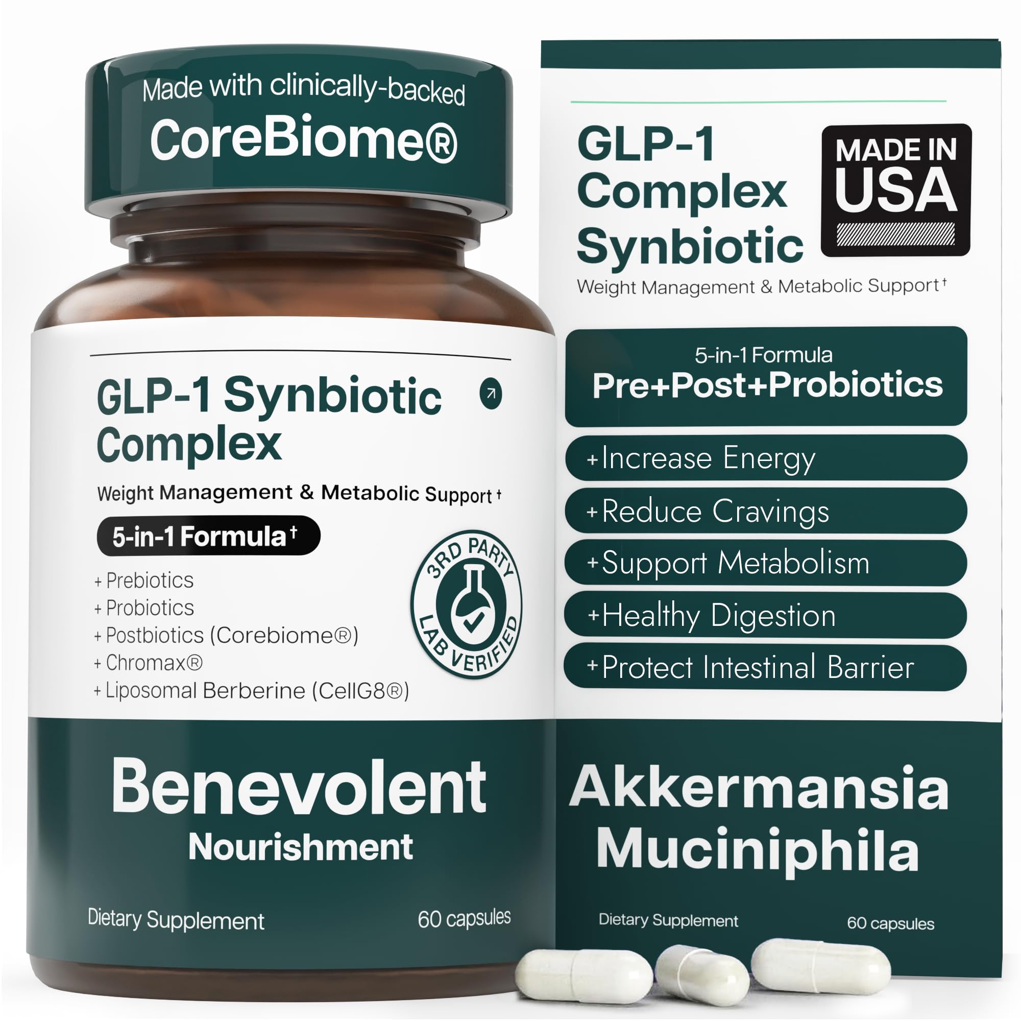 Benevolent Nourishment GLP-1 Support bottle front showing packaging and potential satiety benefits