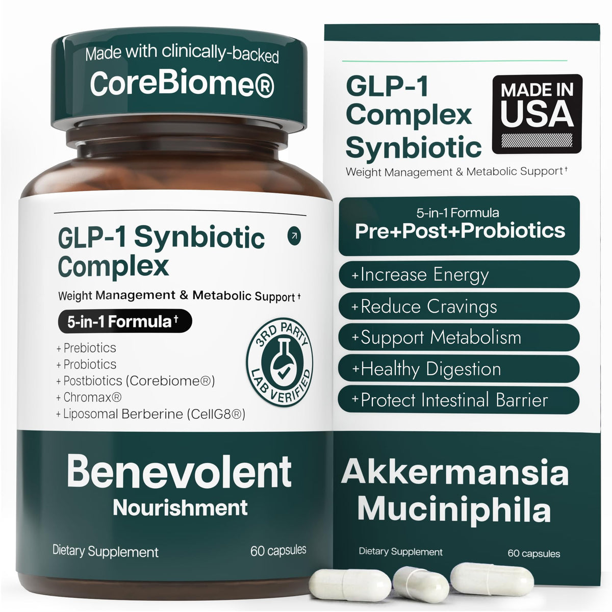 Benevolent Nourishment GLP-1 Support bottle front showing packaging and potential satiety benefits