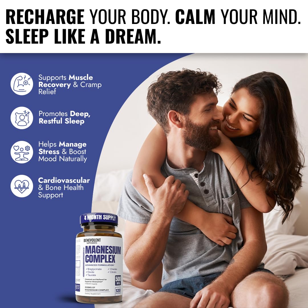 Benevolent Nourishment Magnesium Complex bottle label close-up highlighting 5-in-1 blend