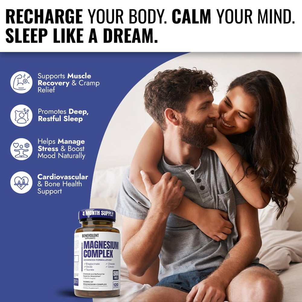 Benevolent Nourishment Magnesium Complex bottle label close-up highlighting 5-in-1 blend