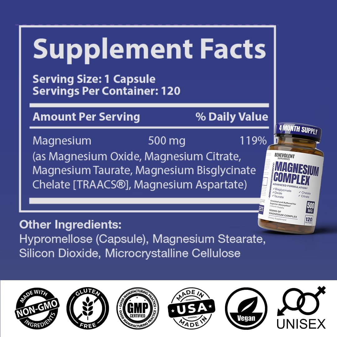 Benevolent Nourishment Magnesium Complex label detail emphasizing gentle stomach-friendly formula