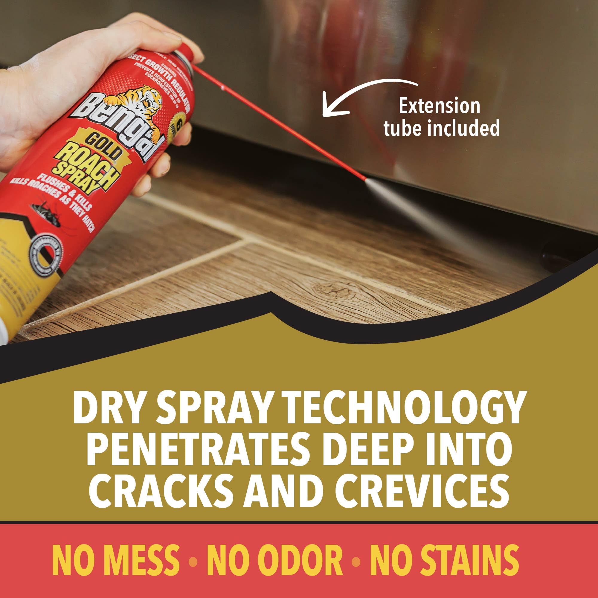 Spray being applied to cracks and crevices with Bengal Gold Roach Spray