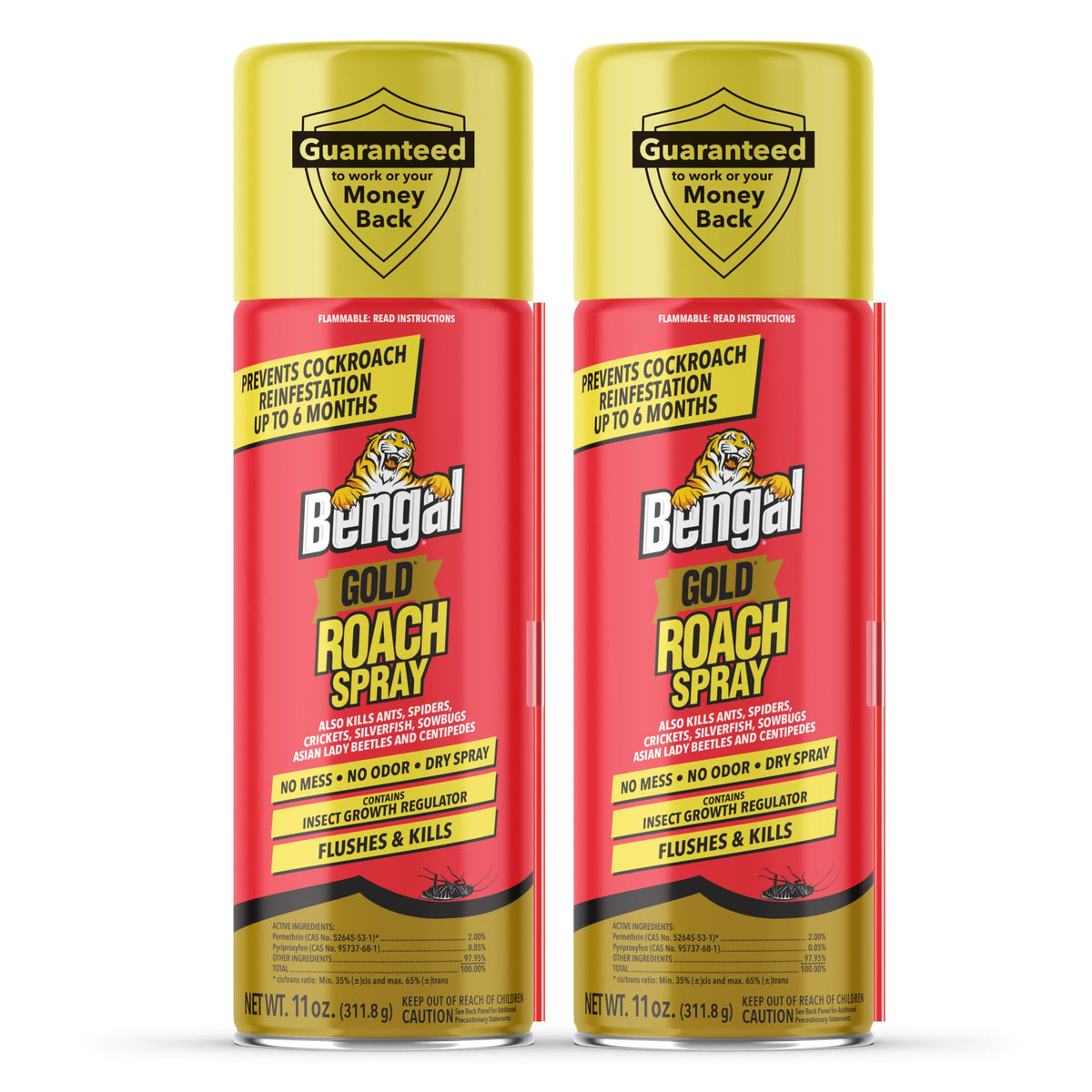 Bengal Gold Roach Spray front-label shows odorless protection for kitchens and bathrooms.