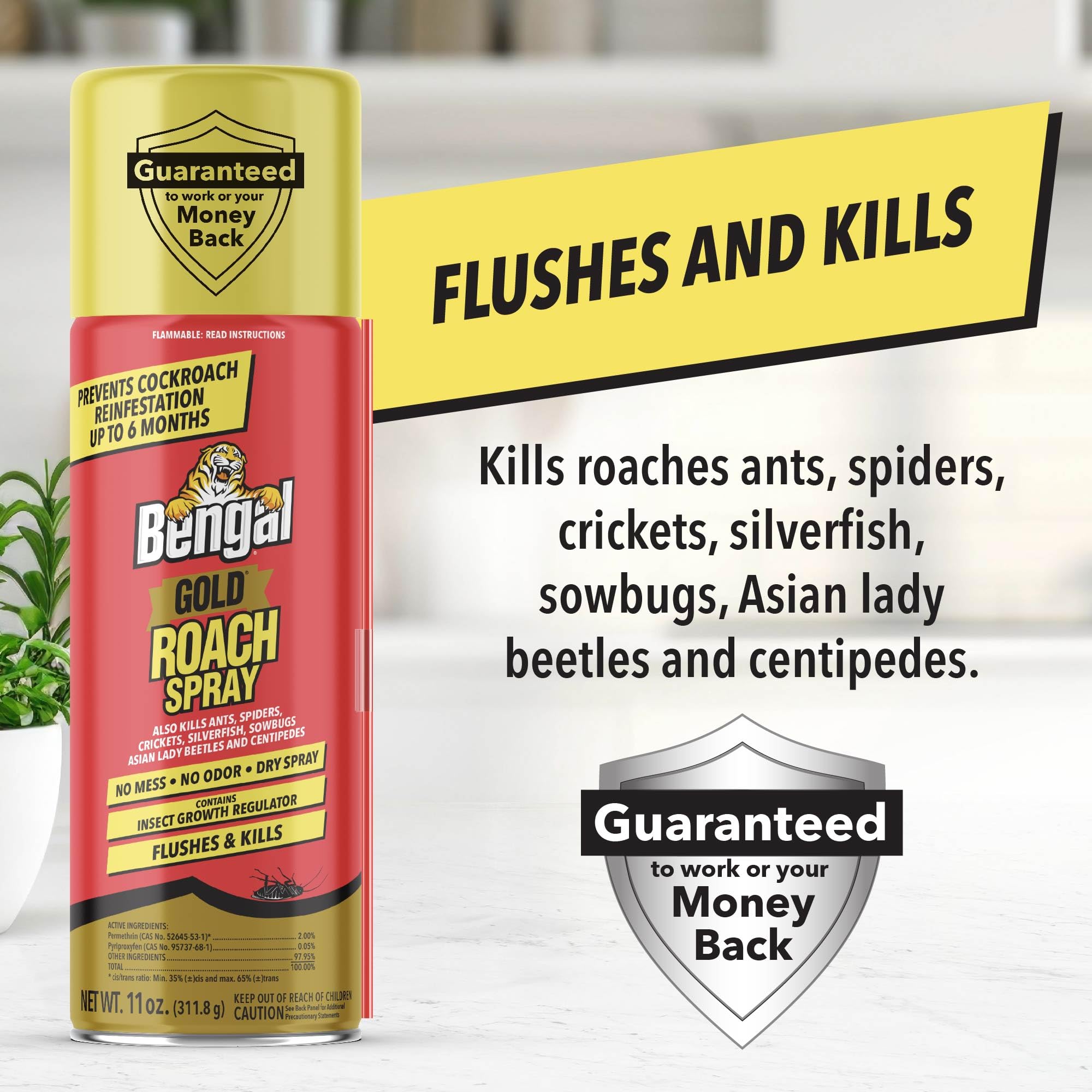 Bengal Gold Roach Spray nozzle-detail highlights dry propellant action for quick flush.