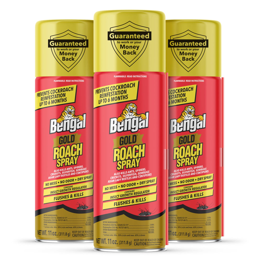Bengal Gold Roach Spray three-pack shown for home use, ready-made pest control