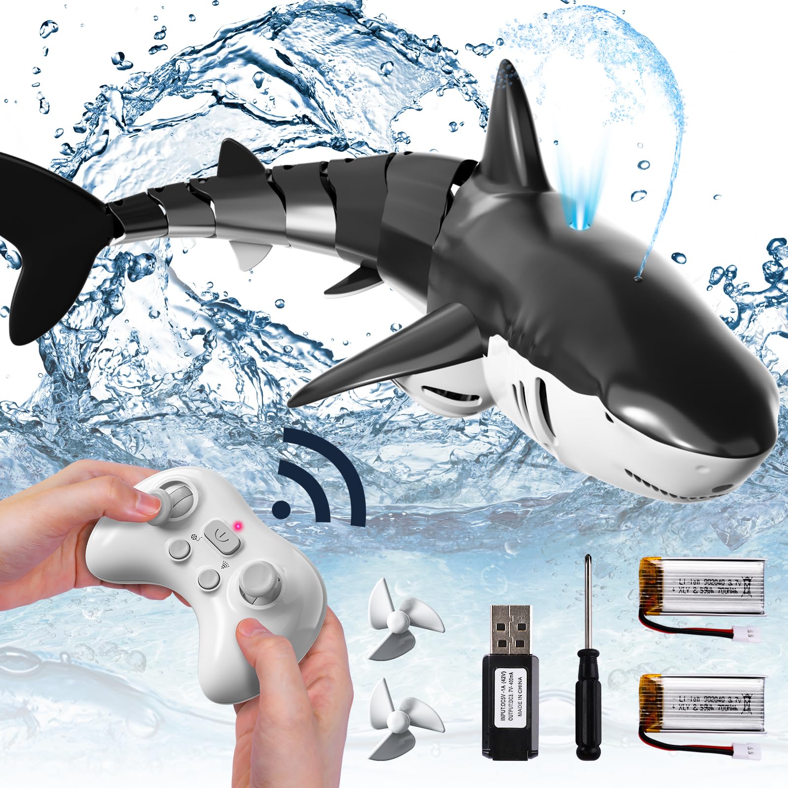 Bennol RC shark in pool with lights for exciting evening play