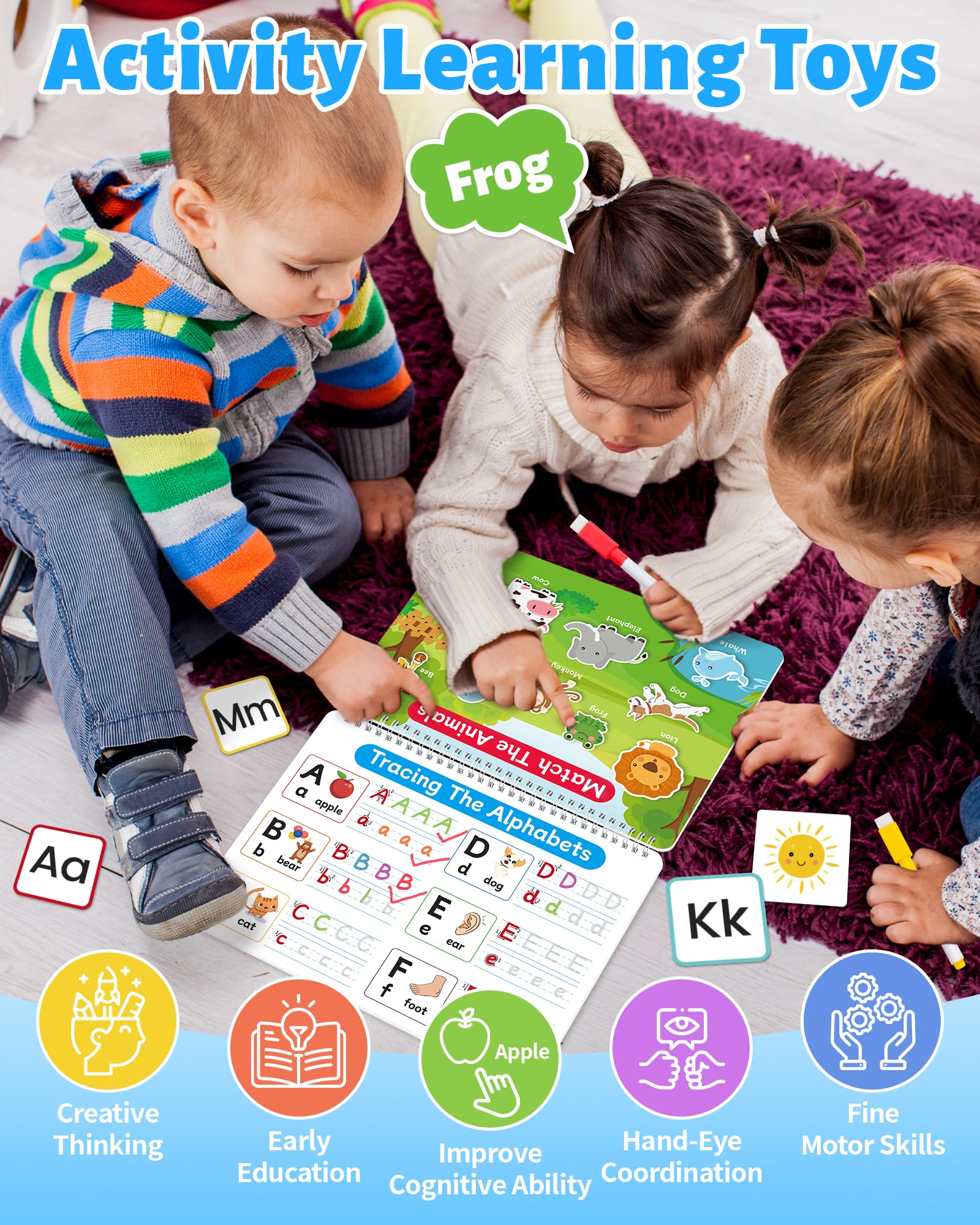 Benresive Busy Book pages teach letters and numbers with colorful activities
