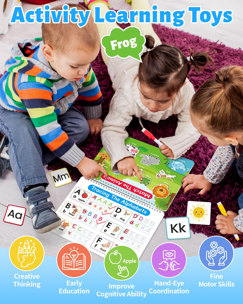 Benresive Busy Book pages teach letters and numbers with colorful activities