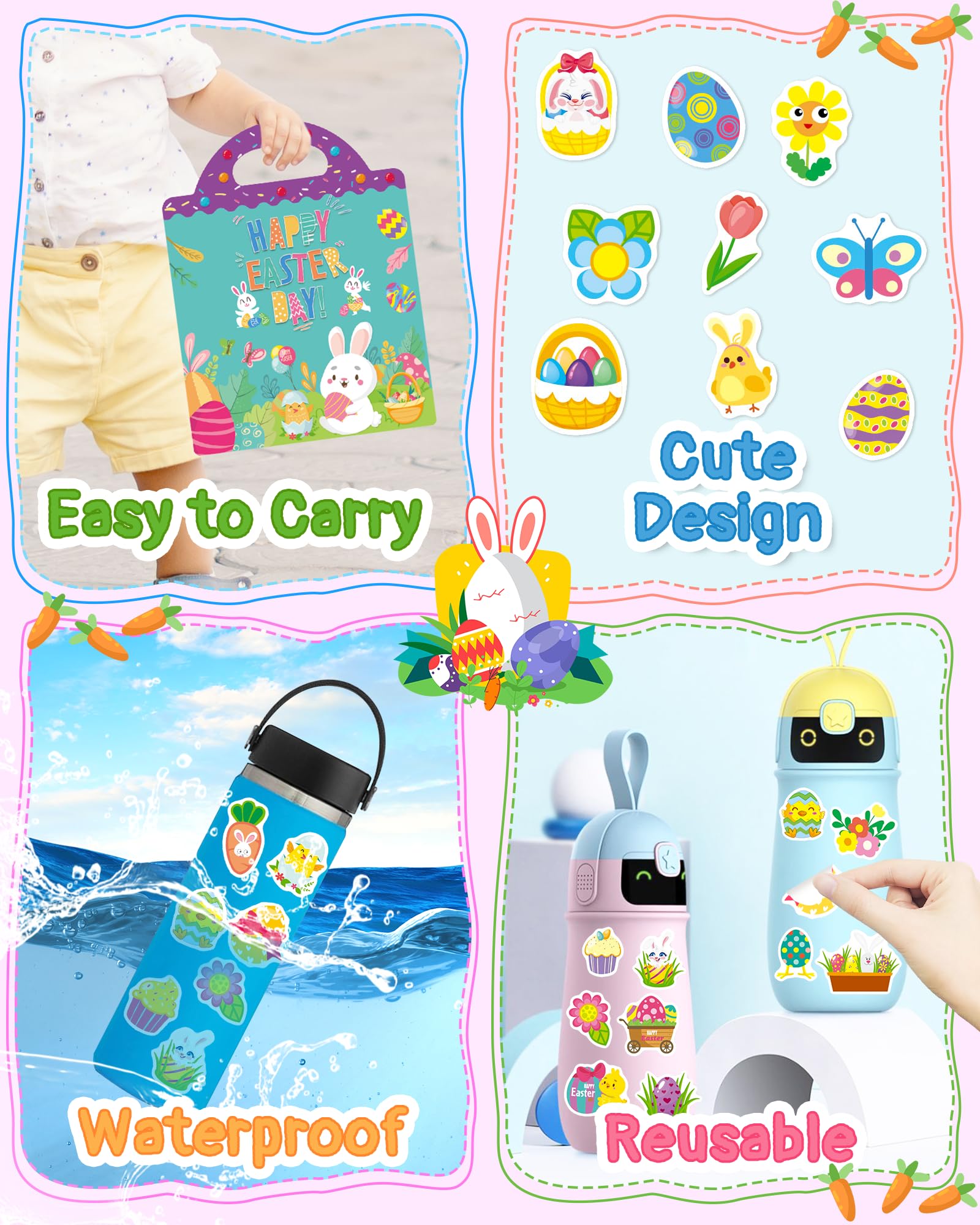 Benresive Easter stickers on windows and bottles, versatile for creative play.