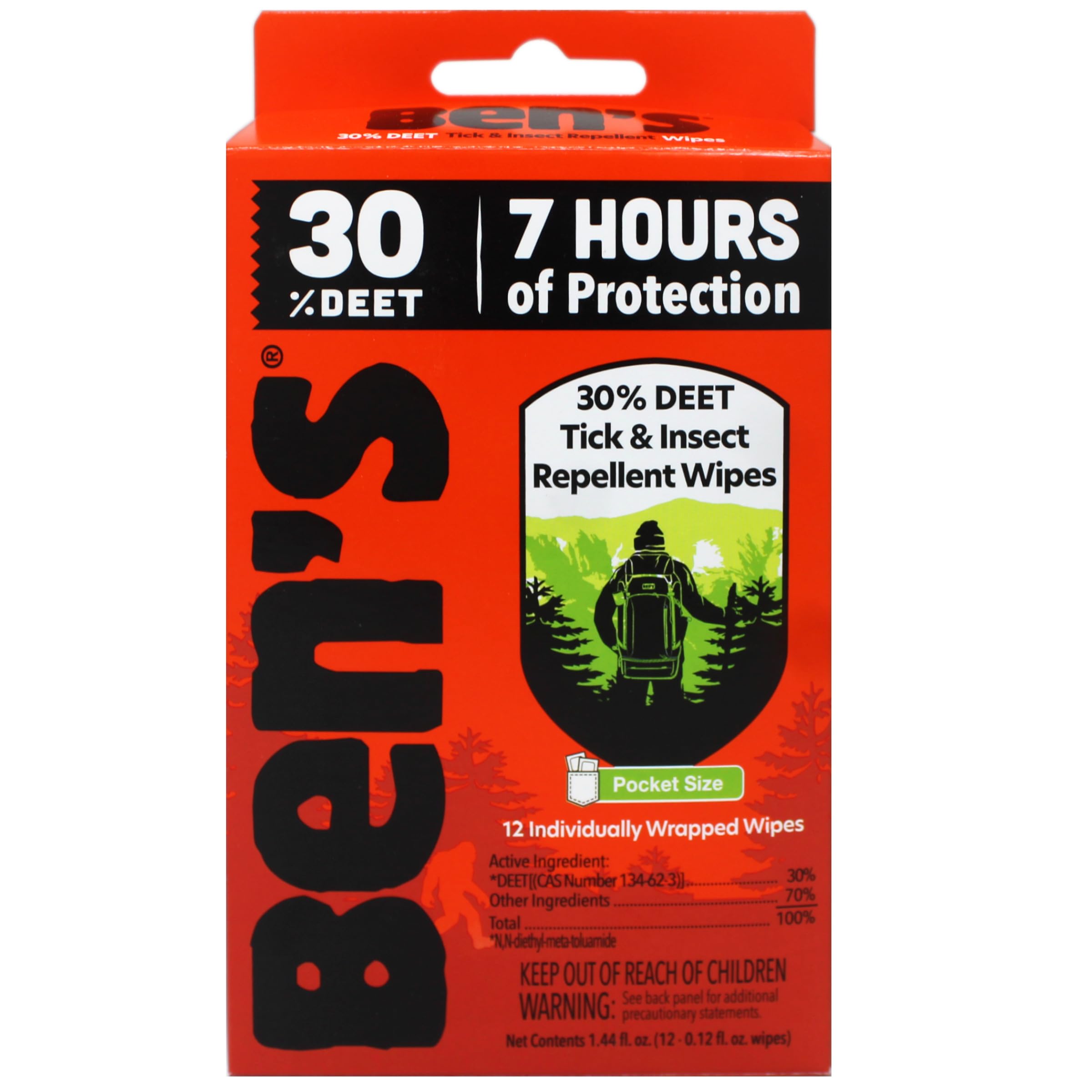 Ben's 30% DEET mosquito-tick-wipes-24-pack individually wrapped for portable use.