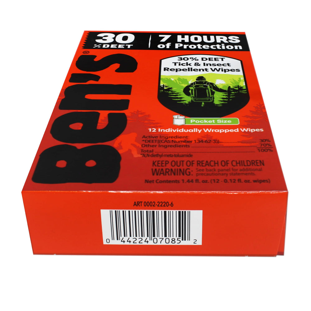 Ben's 30% DEET mosquito-tick-wipes-24-pack suited for outdoor activity use.
