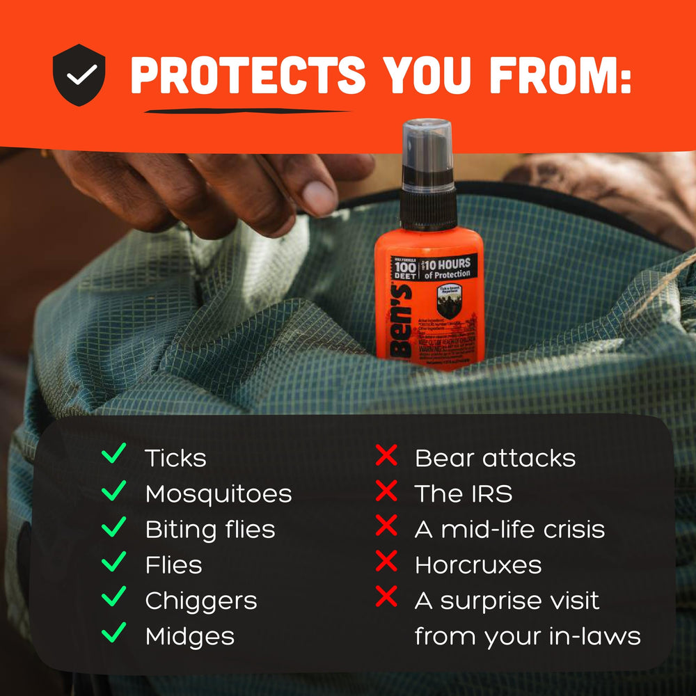 Ben's adventure-ready pump spray enables quick, easy application outdoors.